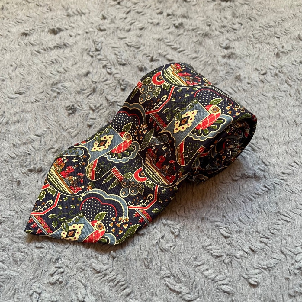 Salvatore Ferragamo Mens Silk Tie Navy Blue Chinoiserie Boat Print Made in Italy